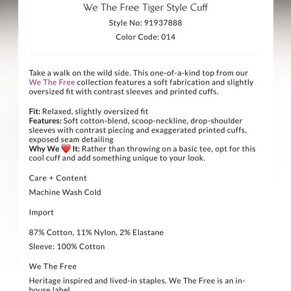 Free People We the Free Tiger Style Cuff Top Tea Combo NWOT - Picture 4 of 6